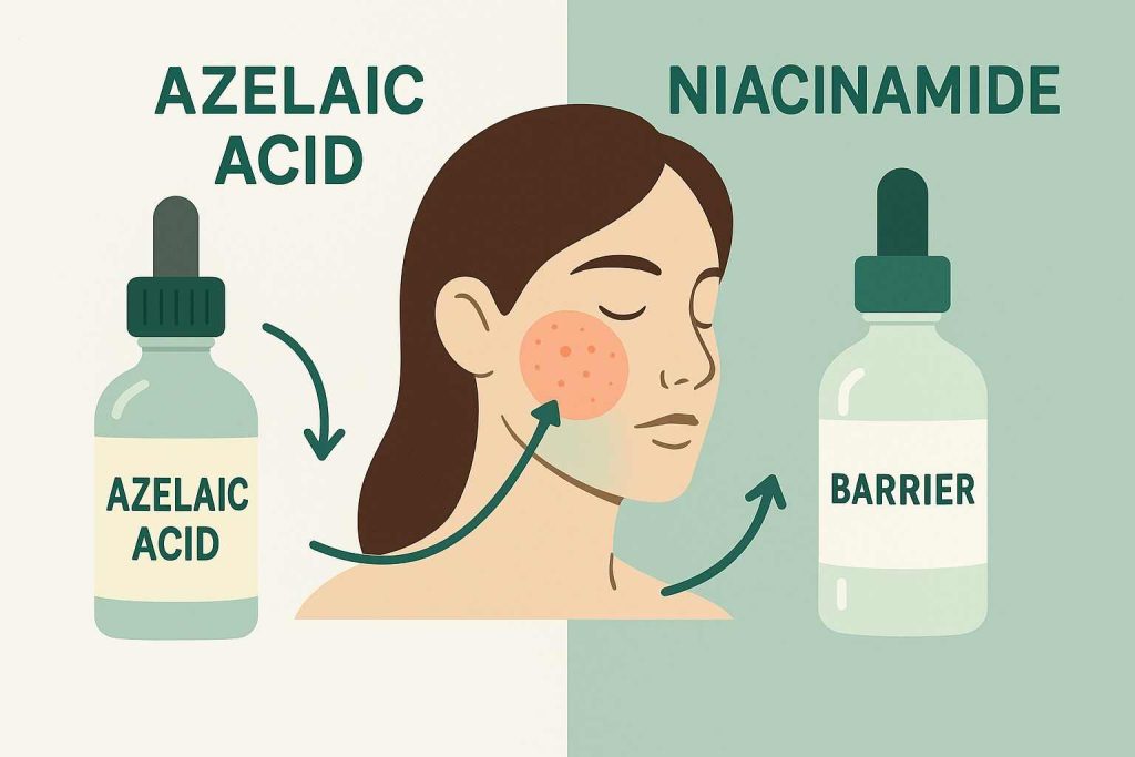 Split illustration comparing azelaic acid and niacinamide for rosacea